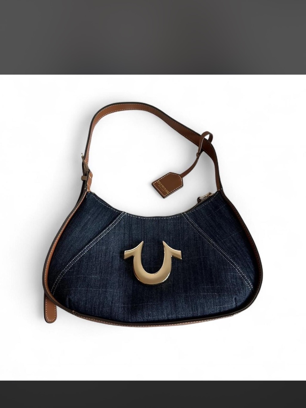 True Religion Dark Denim Shoulder Bag with Brown Trim